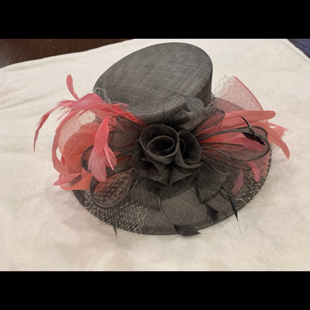 Derby Hat - gray with coral feather and gray flower accents